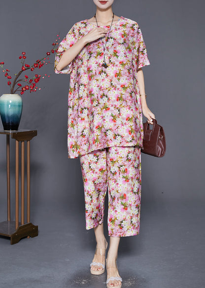 Red Print Linen Two Pieces Set Oversized Summer