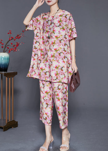 Red Print Linen Two Pieces Set Oversized Summer