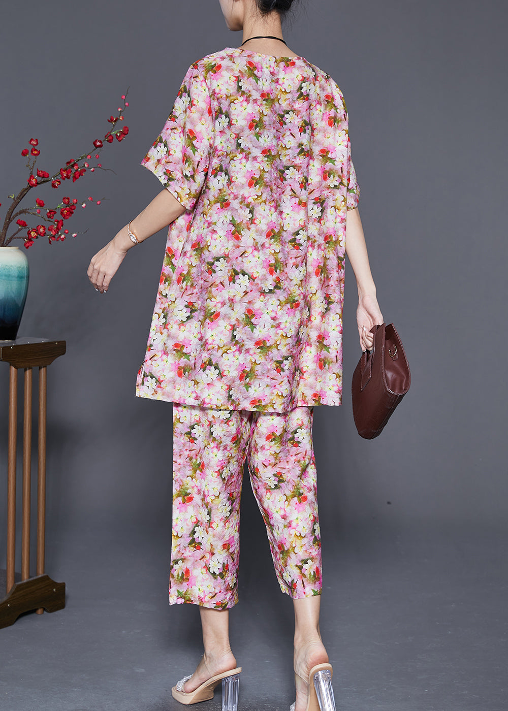Red Print Linen Two Pieces Set Oversized Summer