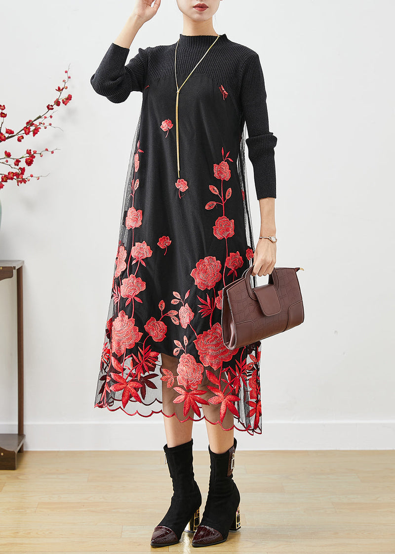 Red Silm Fit Knit Long Dress Embroideried Fall