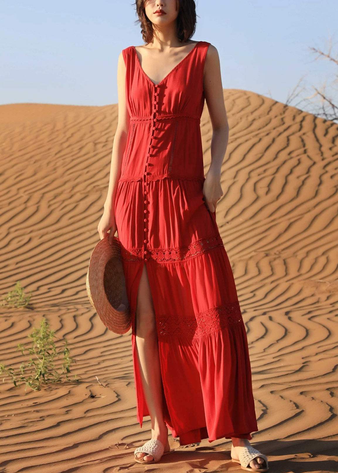 Red Hollow Out Cotton Long Dresses V Neck Summer