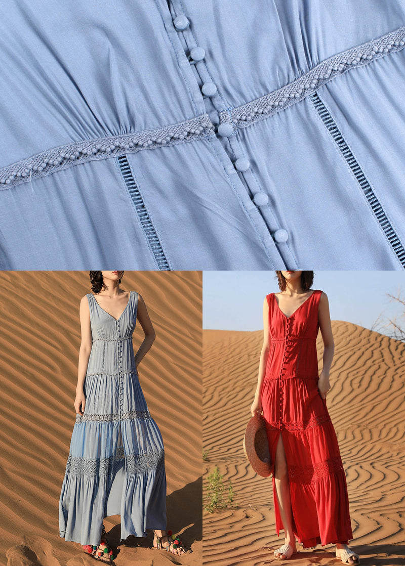 Red Hollow Out Cotton Long Dresses V Neck Summer