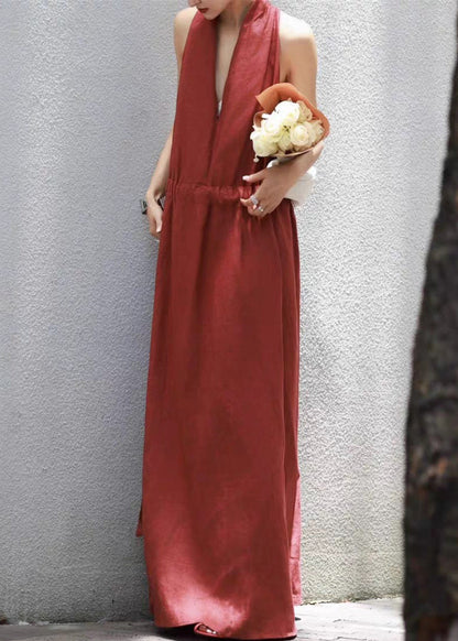 Red Lace Up Cotton Long Dress V Neck Summer