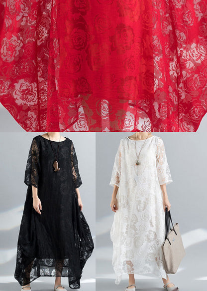 Red Lace Vacation Dress Hollow Out Asymmetrical Bracelet Sleeve