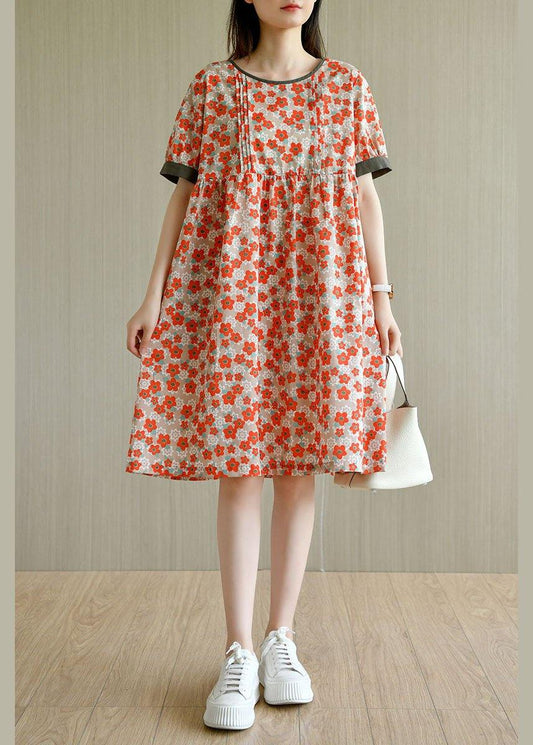 Red Loose O-neck Print Summer Cotton Sundress Short Sleeve