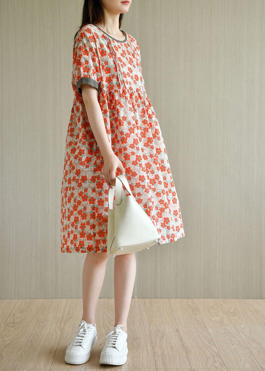 Red Loose O-neck Print Summer Cotton Sundress Short Sleeve