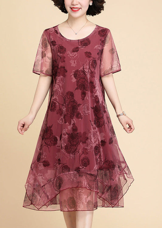 Red O-neck Asymmetrical Long Dresses Short Sleeve