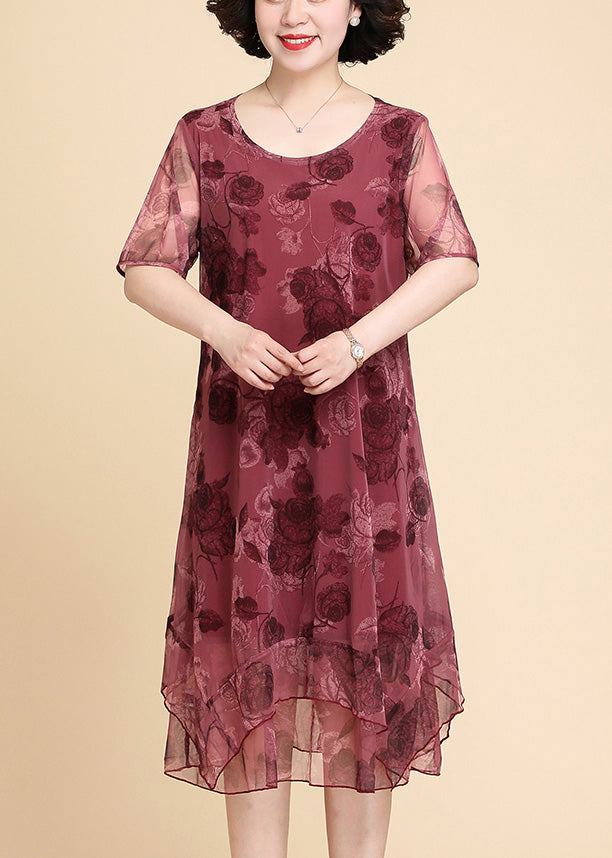 Red O-neck Asymmetrical Long Dresses Short Sleeve