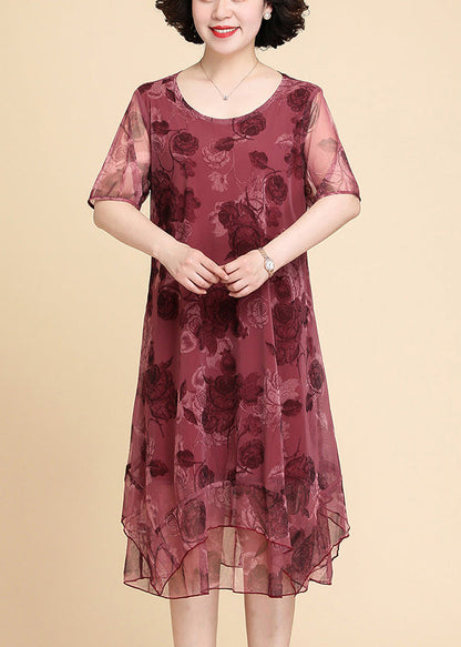 Red O-neck Asymmetrical Long Dresses Short Sleeve