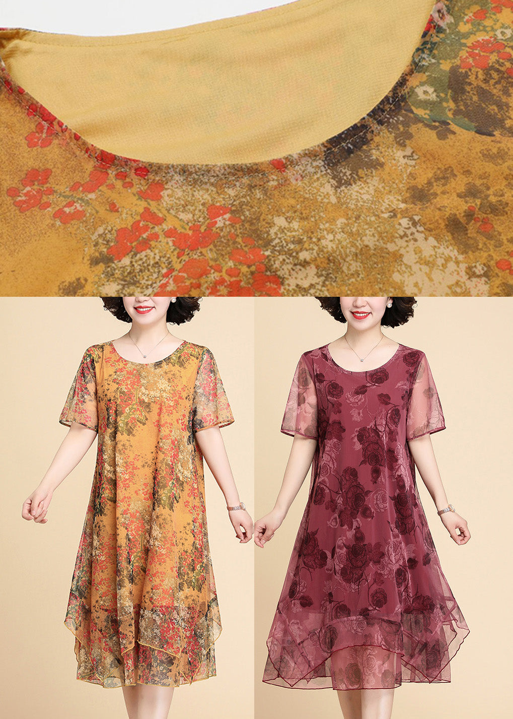 Red O-neck Asymmetrical Long Dresses Short Sleeve