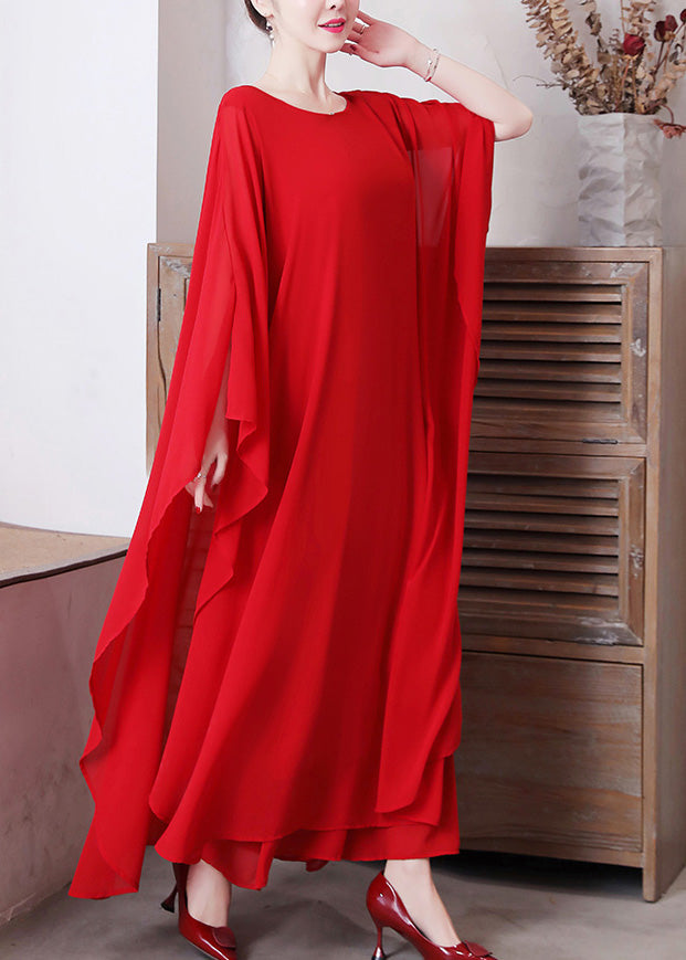 Red O-neck Chiffon Maxi Dress and Wide Leg Pants Two Pieces Set Long Sleeve