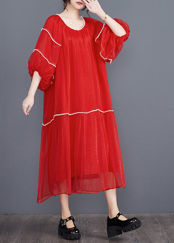 Red O-neck Patchwork Holiday Dress Summer