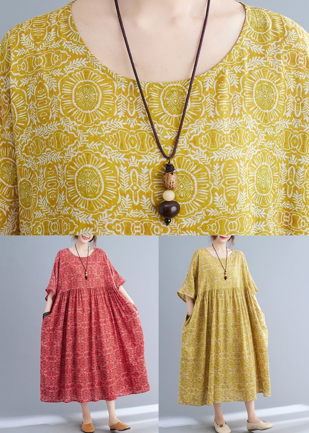 Red O-neck Print Maxi Dress Summer
