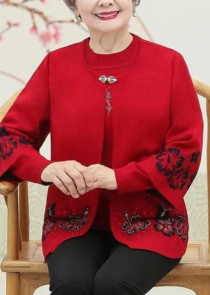 Red O-neck Zircon Cotton Knit Coats and Sweaters Two Pieces Set Spring