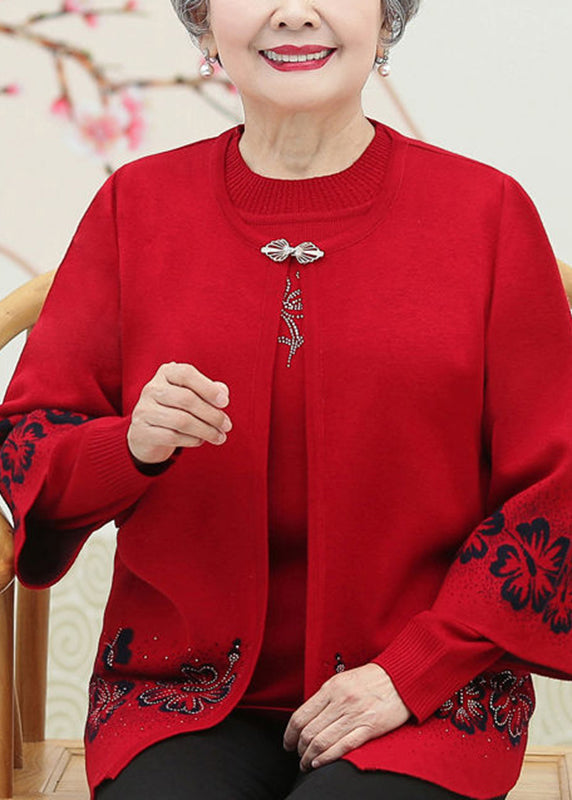 Red O-neck Zircon Cotton Knit Coats and Sweaters Two Pieces Set Spring