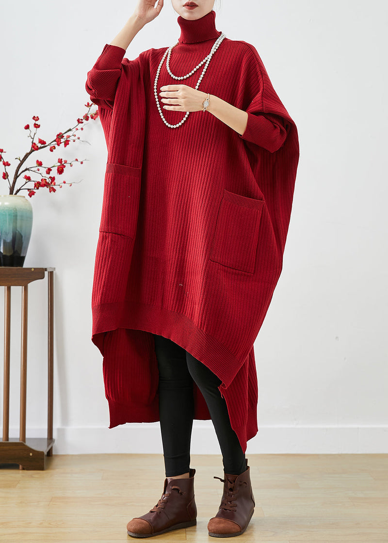 Yellow Oversized Knit Sweater Dress Turtle Neck Asymmetrical Batwing Sleeve