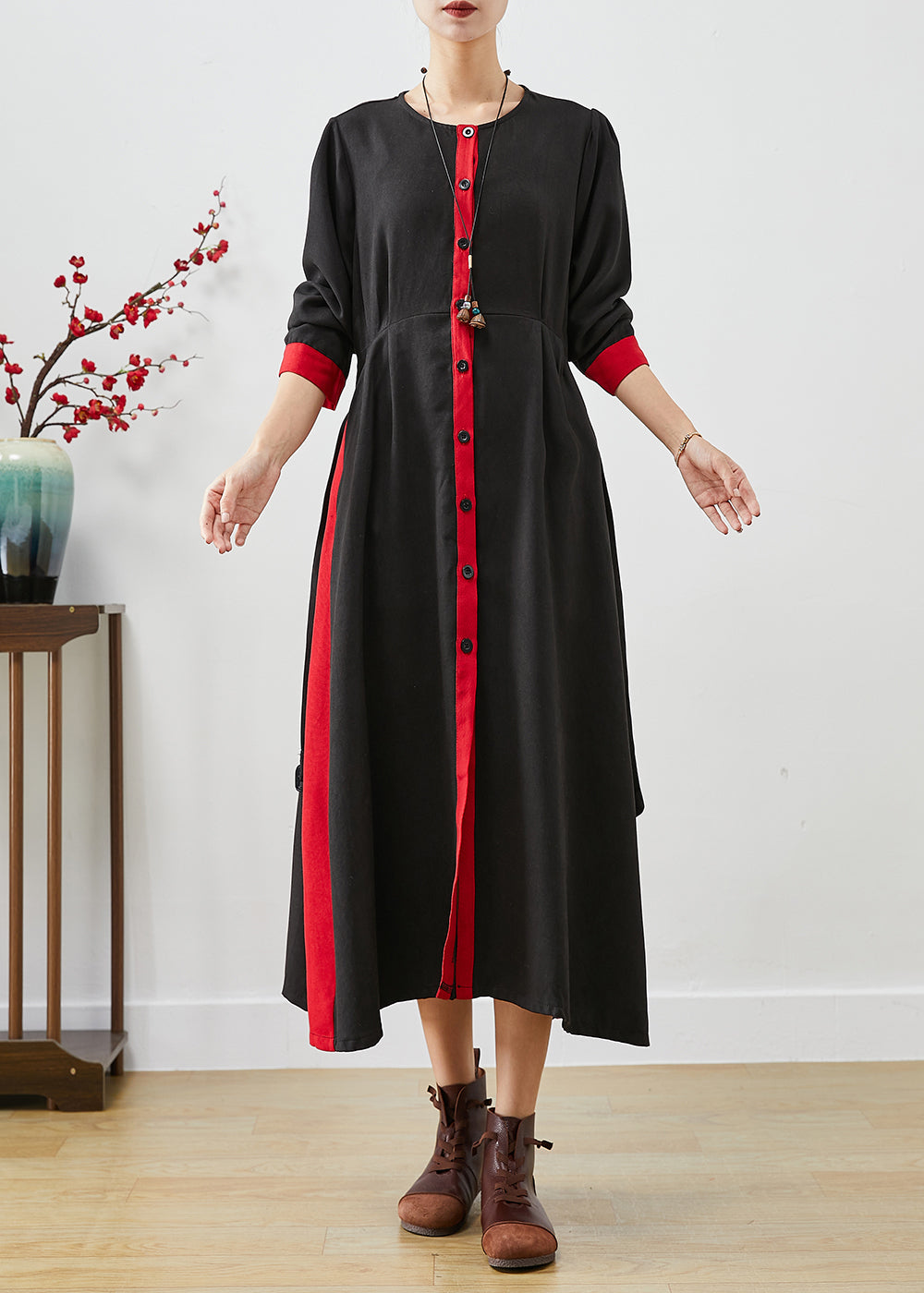 Red Patchwork Cotton Dress and Vest Two Pieces Set Tie Waist Fall