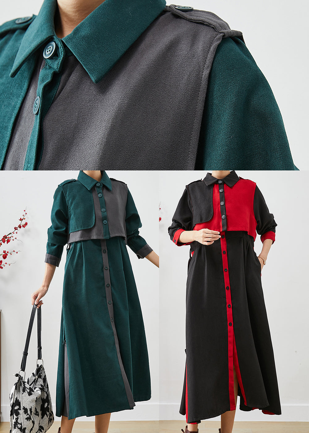 Red Patchwork Cotton Dress and Vest Two Pieces Set Tie Waist Fall