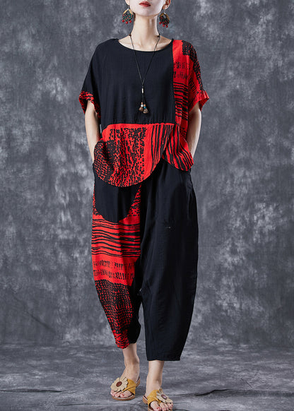 Red Patchwork Cotton Sets 2 Pieces Oversized Print Summer