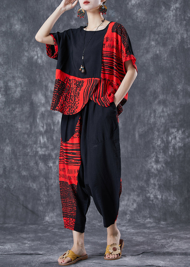 Red Patchwork Cotton Sets 2 Pieces Oversized Print Summer