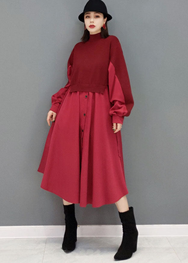 Red Patchwork Knit Cotton Long Dresses Color Button Long Sleeve