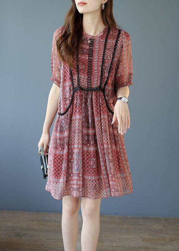 Red Patchwork Lace Chiffon a Line Dresses O-neck Summer