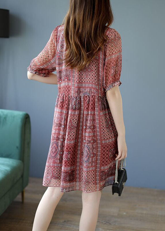 Red Patchwork Lace Chiffon a Line Dresses O-neck Summer