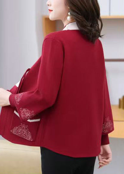 Red Patchwork Pockets Cotton Knit Coats and Sweaters Two Piece Set Three Quarter Sleeve