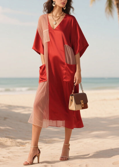 Red Patchwork Tulle Robe Dresses Asymmetrical Summer
