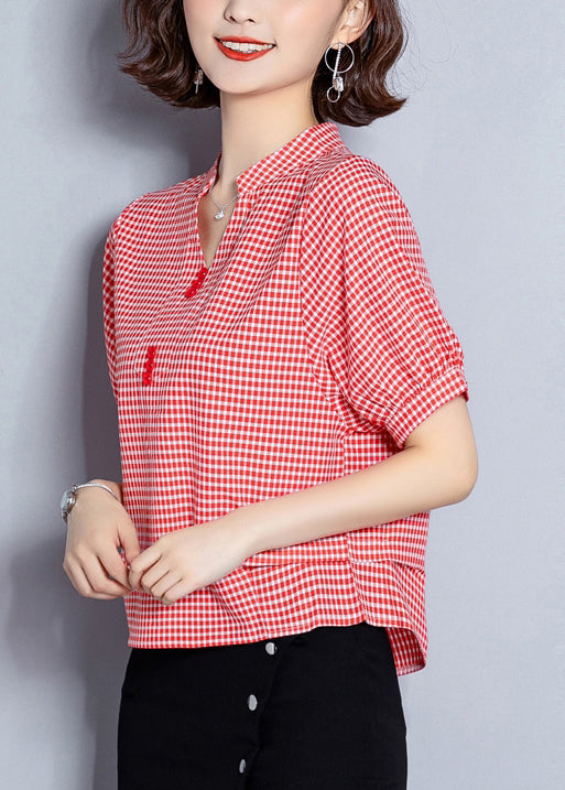 Red Plaid Chiffon Blouses Oversized Wrinkled Short Sleeve