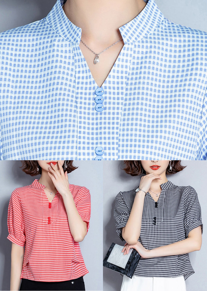 Red Plaid Chiffon Blouses Oversized Wrinkled Short Sleeve