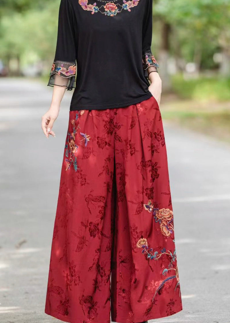 Red Pockets Jacquard Silk Pants Elastic Waist Fall