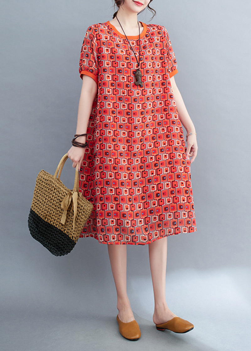 Red Print Chiffon Long Dress O-neck Oversized Summer