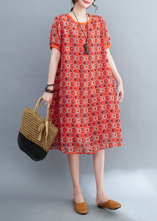 Red Print Chiffon Long Dress O-neck Oversized Summer