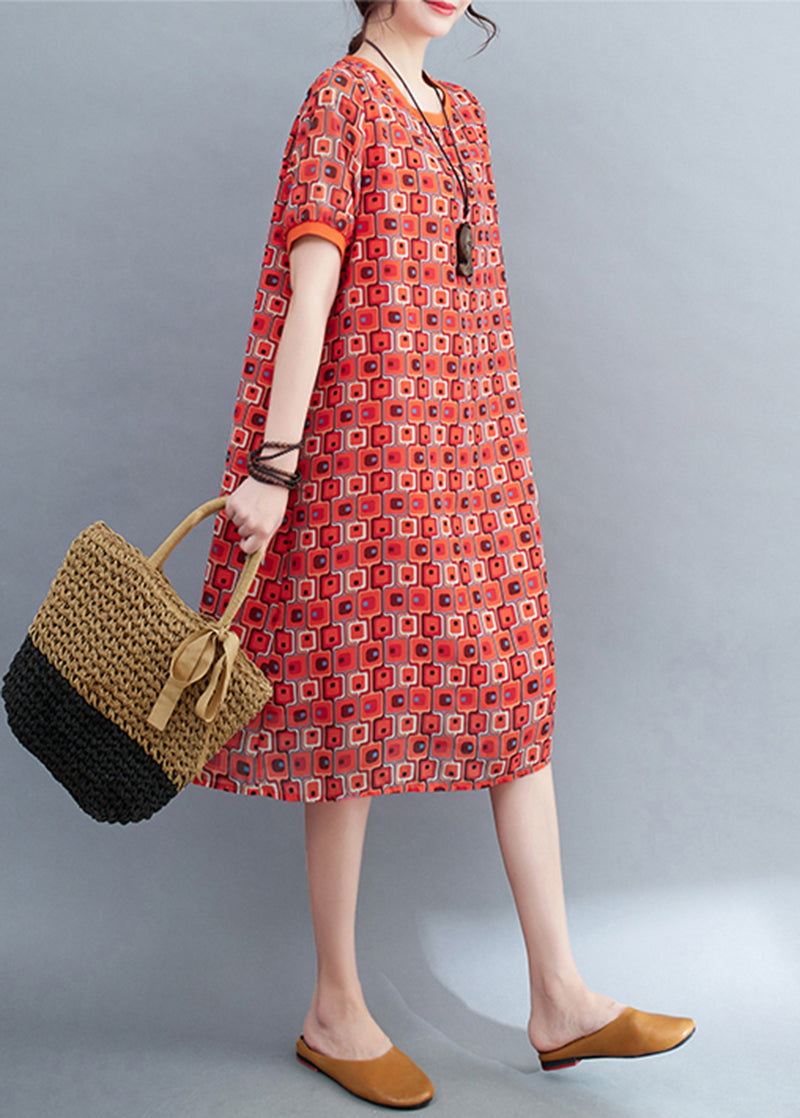 Red Print Chiffon Long Dress O-neck Oversized Summer