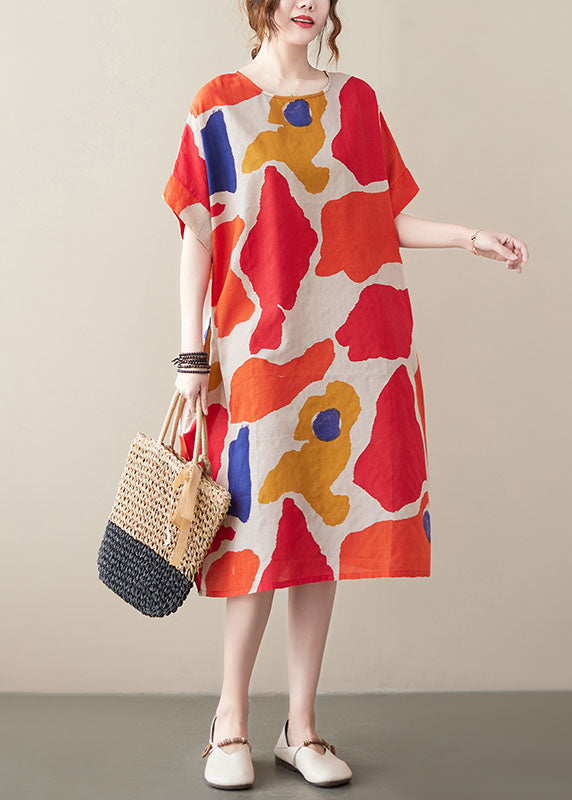 Red Print Cotton Holiday Dresses O-neck Short Sleeve