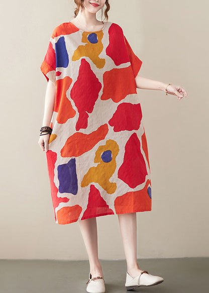 Red Print Cotton Holiday Dresses O-neck Short Sleeve