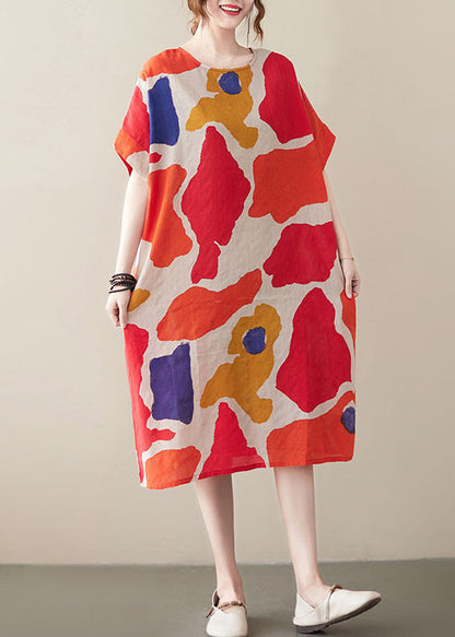 Red Print Cotton Holiday Dresses O-neck Short Sleeve