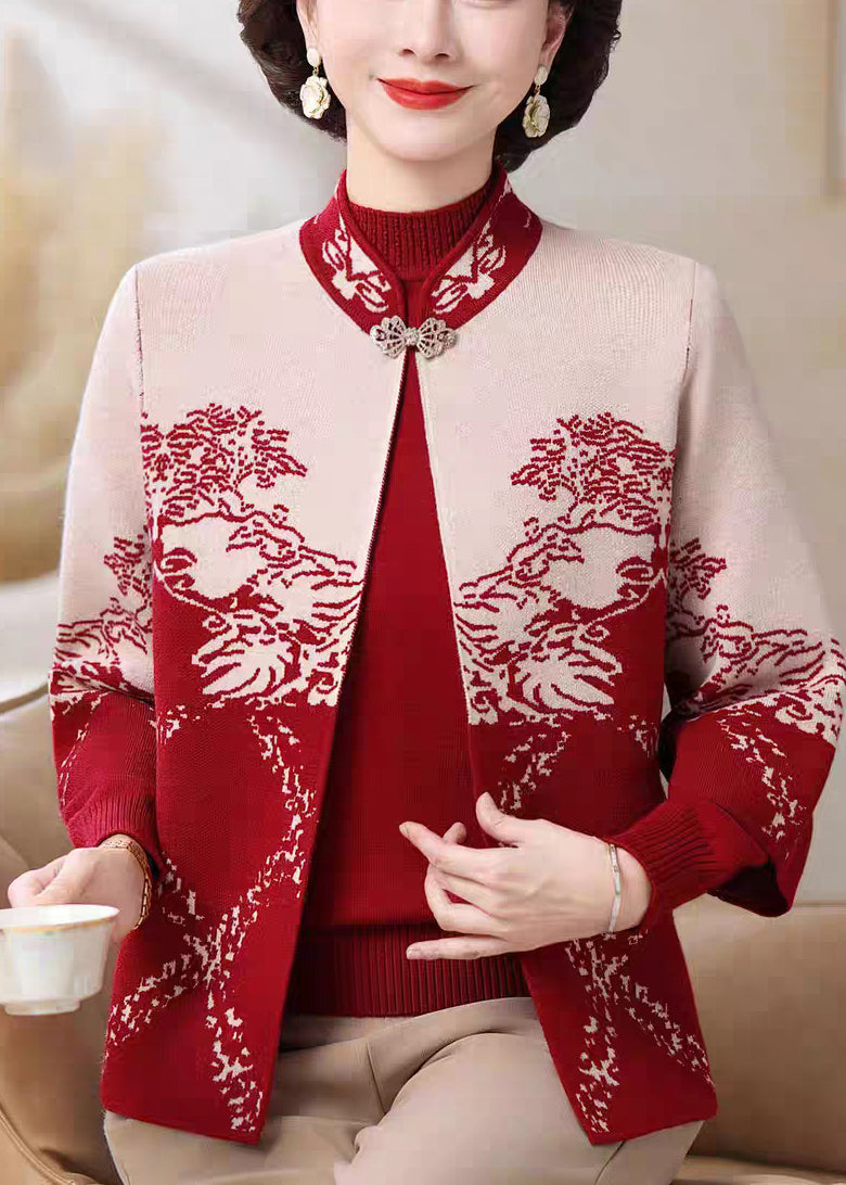 Red Print Cotton Knit Coats and Sweater Two Pieces Set Three Quarter Sleeve