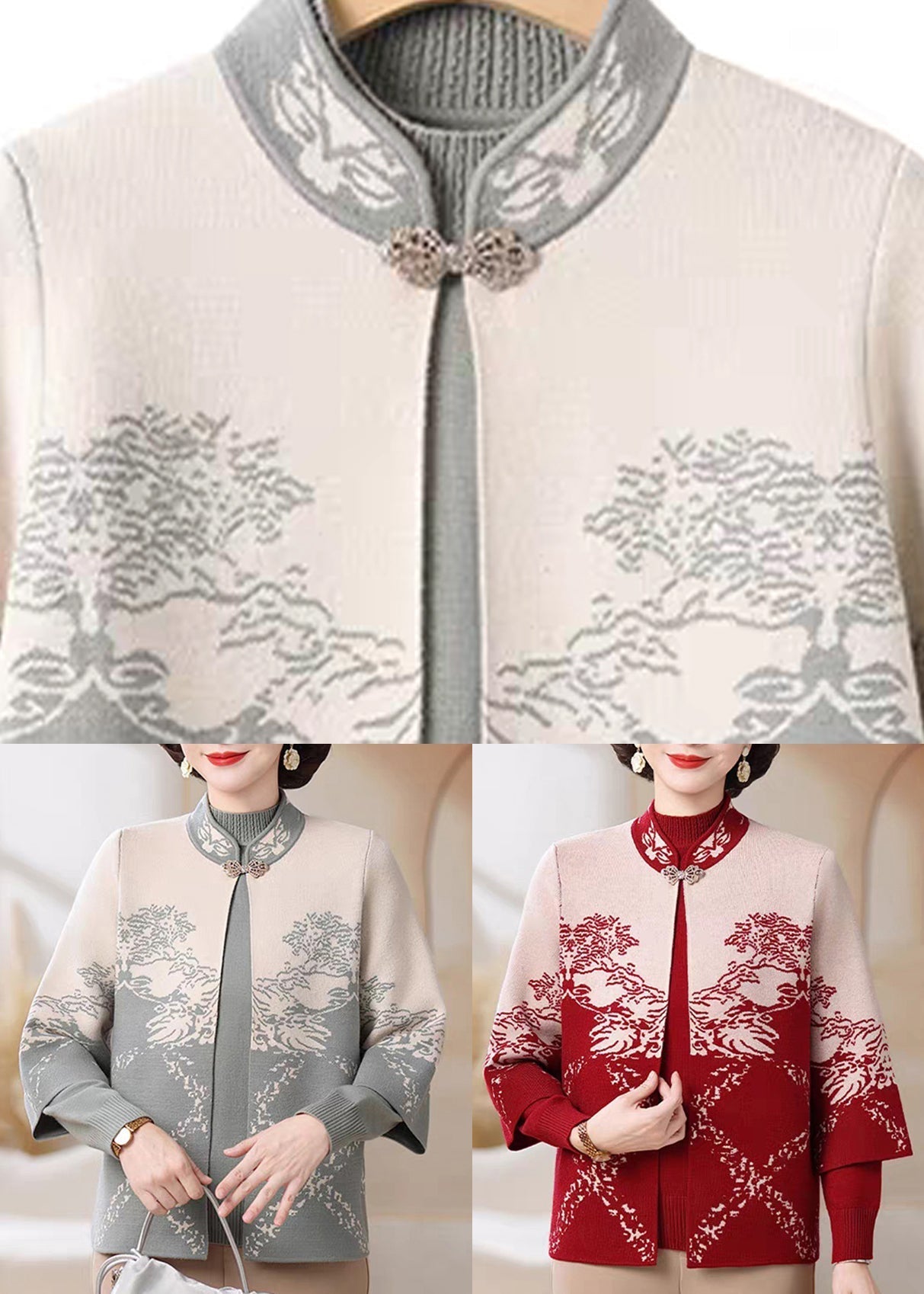 Red Print Cotton Knit Coats and Sweater Two Pieces Set Three Quarter Sleeve