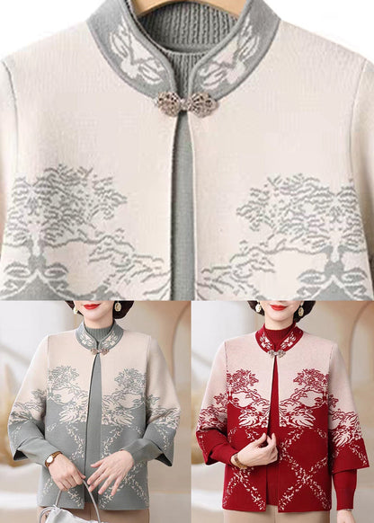 Red Print Cotton Knit Coats and Sweater Two Pieces Set Three Quarter Sleeve