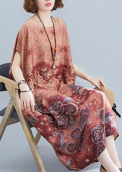 Red Print Draping Silk Loose Dresses O-neck Short Sleeve