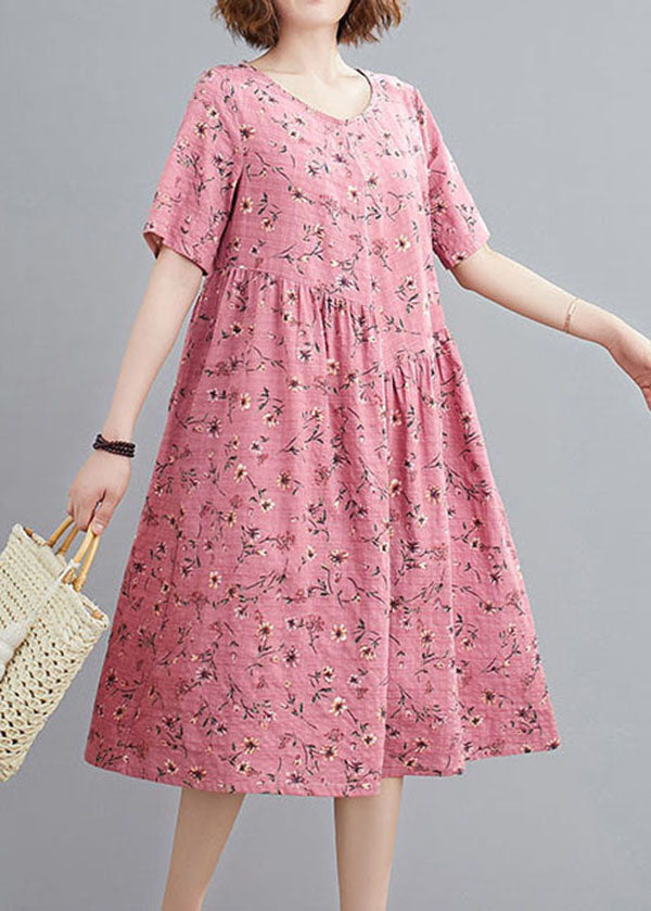 Red Print Linen Holiday Dresses Wrinkled O-neck Short Sleeve