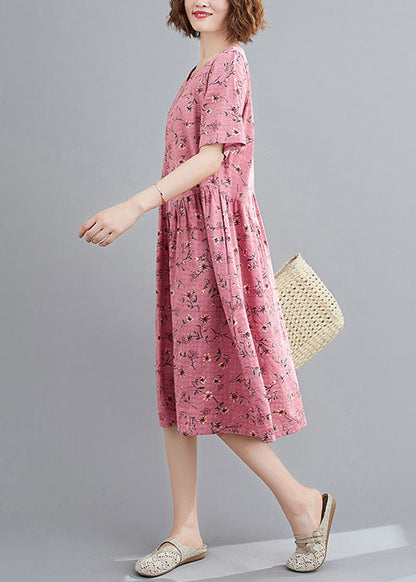 Red Print Linen Holiday Dresses Wrinkled O-neck Short Sleeve