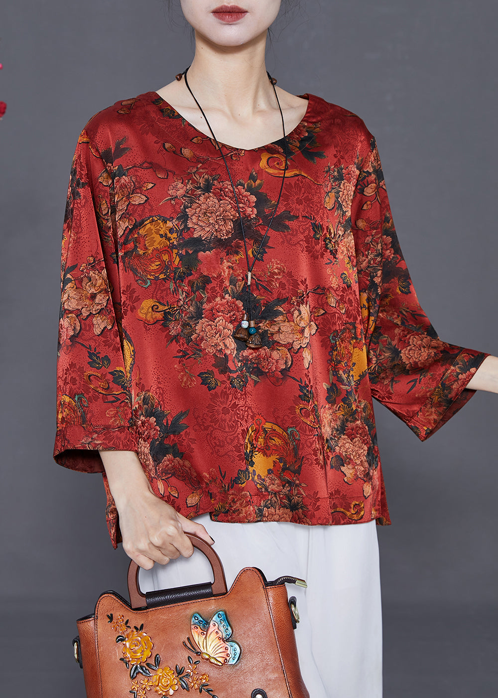 Red Print Loose Silk Shirt Top O-neck Summer