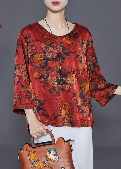 Red Print Loose Silk Shirt Top O-neck Summer