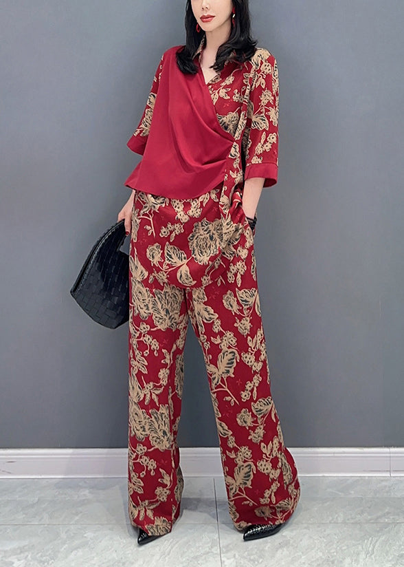 Red Print Patchwork Top and Wide Leg Pants Two Pieces Set Long Sleeve