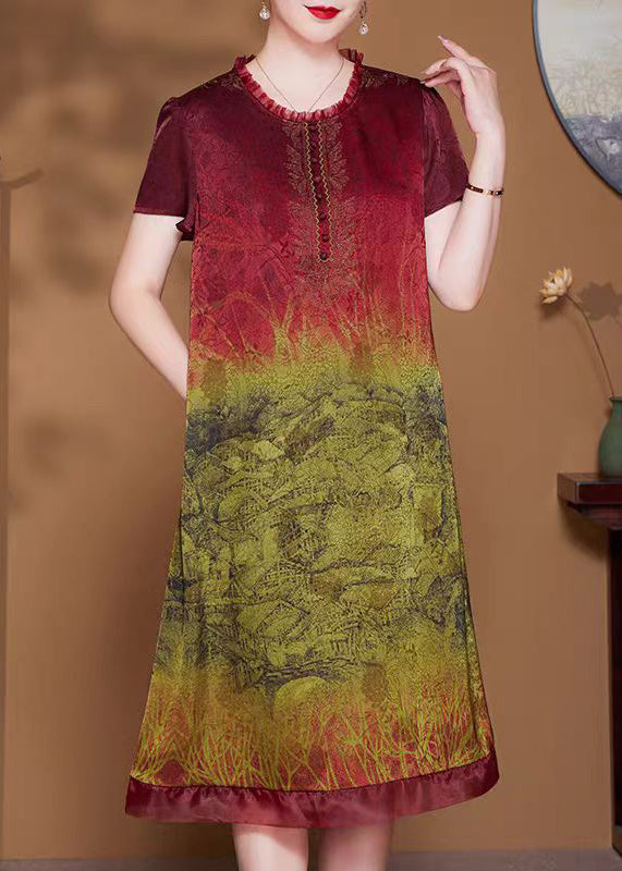 Red Print Pockets Silk Dress O-neck Short Sleeve
