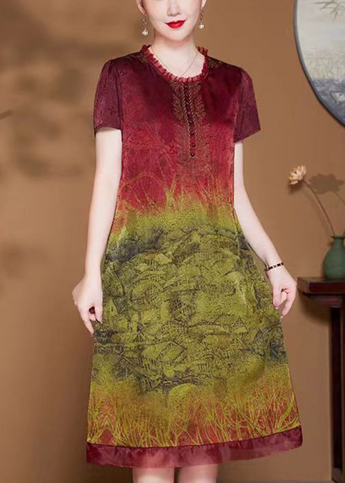 Red Print Pockets Silk Dress O-neck Short Sleeve