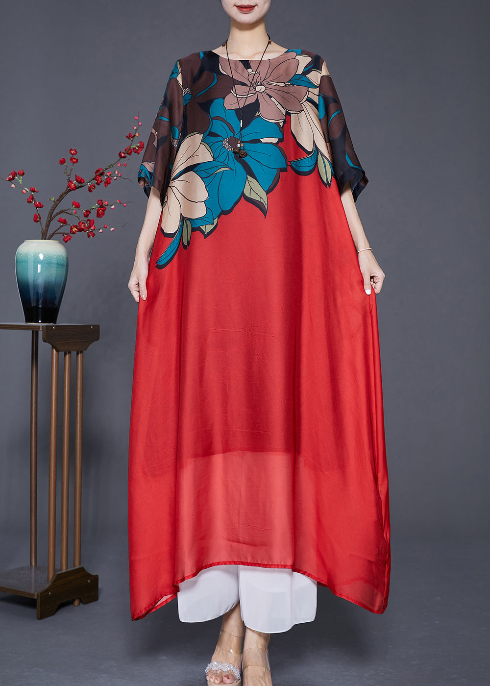 Red Print Silk a Line Dresses Oversized Draping Summer